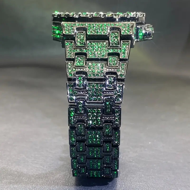 Montre de luxe hip-hop pour homme avec strass verts