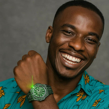 Montre de luxe hip-hop pour homme avec strass verts