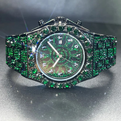Montre de luxe hip-hop pour homme avec strass verts