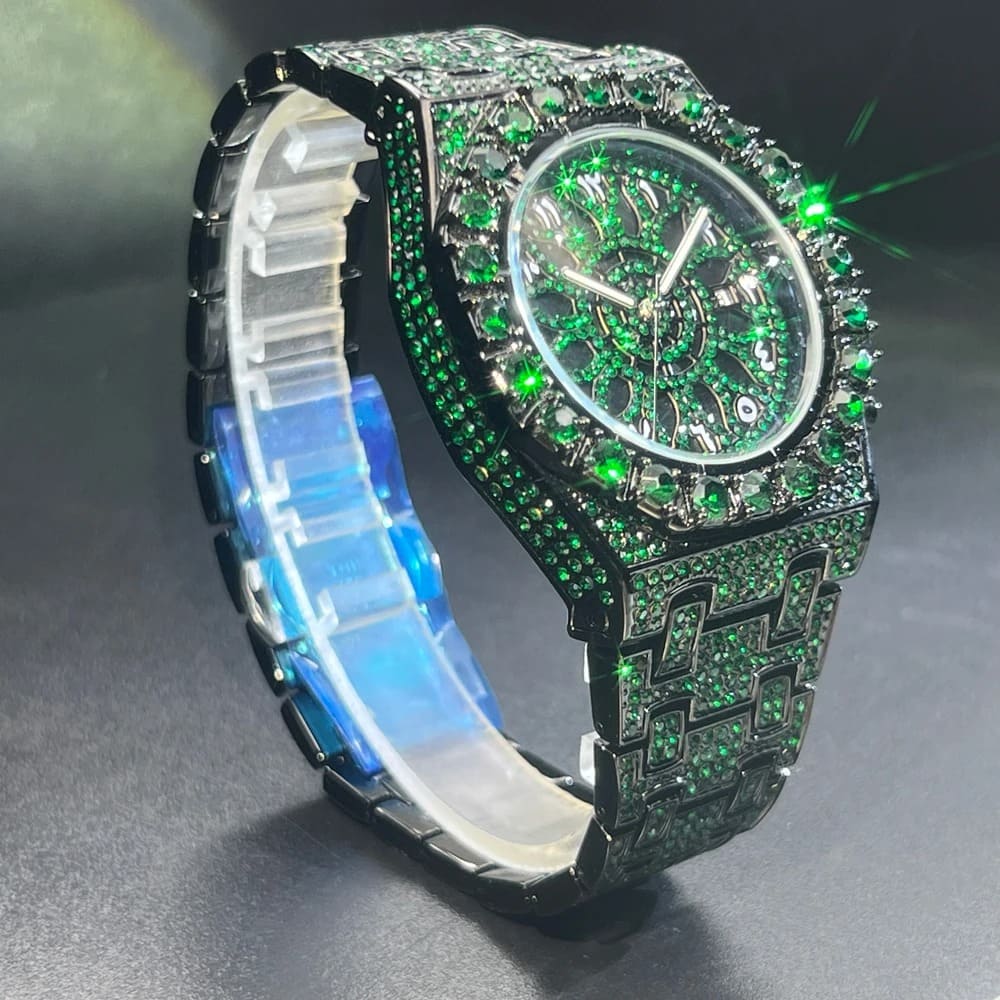 Montre de luxe hip-hop pour homme avec strass verts